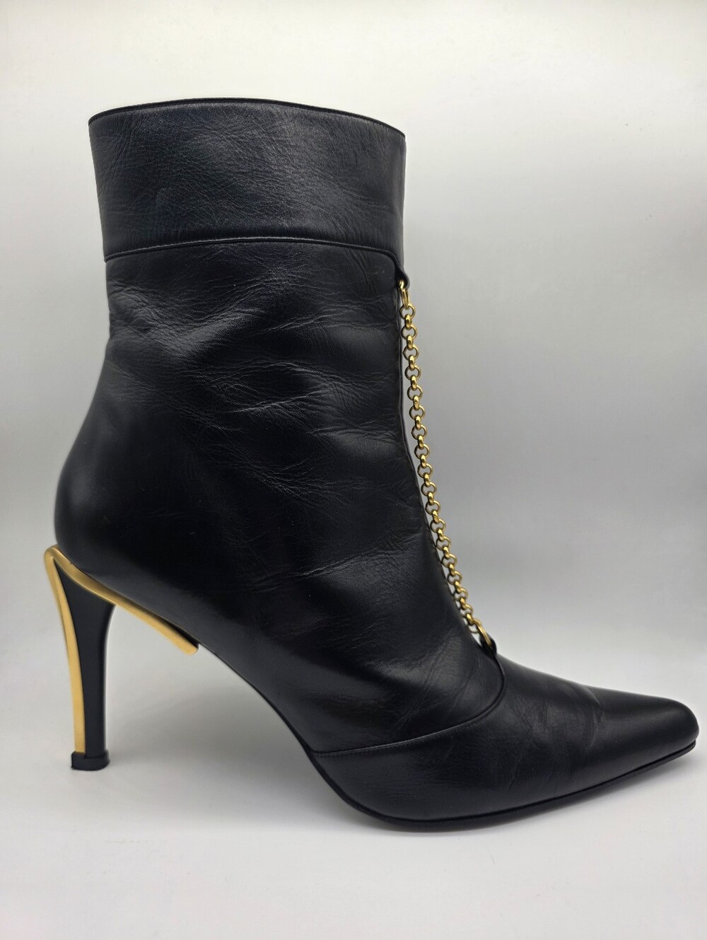 Charles Jourdan Vintage Gold Sculptural Heel Chain Ankle Boots - Size 10